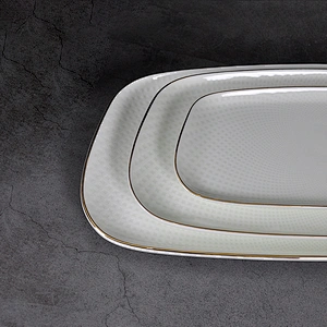 Wholesale europe design luxury porcelain dinnerware 14 inch rectangular plate gold rim,luxury porcelain dinner set