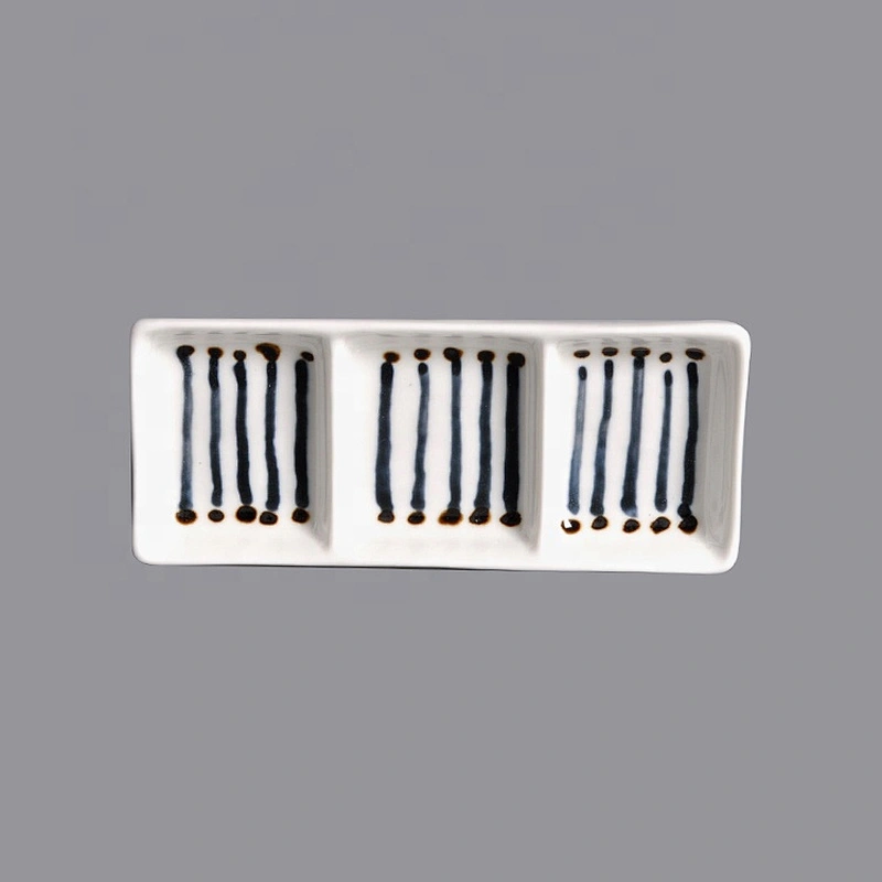 wholesale blank white blue small 3 compartment divided ceramic sushi soy sauce dish plate