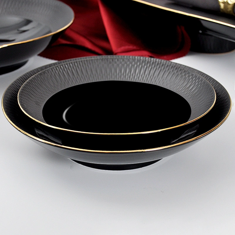 Good Quality Black Round Salad Bowl Gold Rim Ceramic Soup Bowl, Direct Factory Serving Bowl For Restaurant