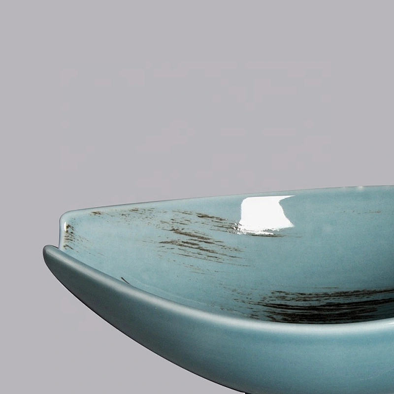 classic glossy blue porcelain boat olive shape fruit , salad , pasta serving gravy bowl