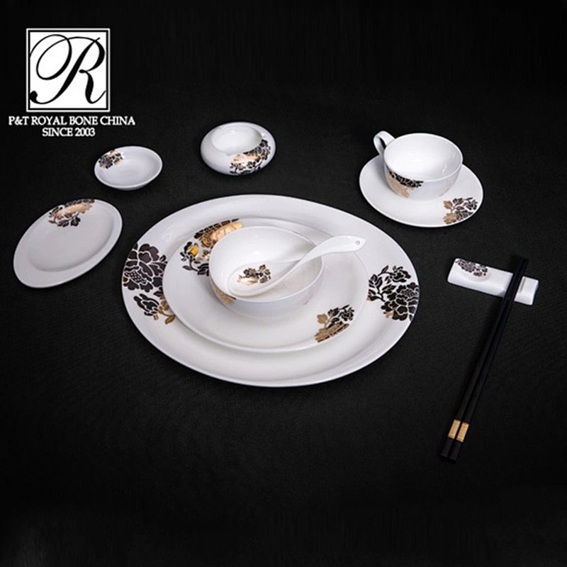 chaozhou porcelain factory bone china material golden flower decal dinnerware for hotel use