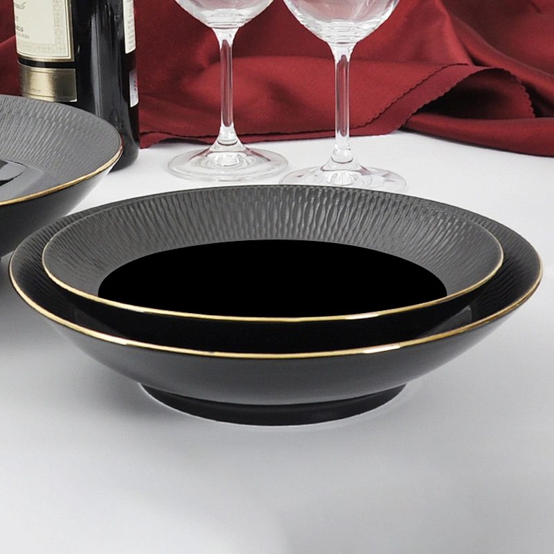 Customized Glaze Ceramic Soup Bowl, Black Hotel Restaurant Porcelain Salad Plate