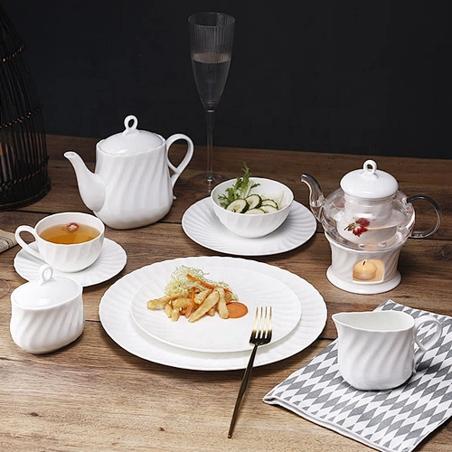 P&T Royal Ware Modern Embossed Waved White Luxury Ceramic Dinnerware Bone China Dinner Set