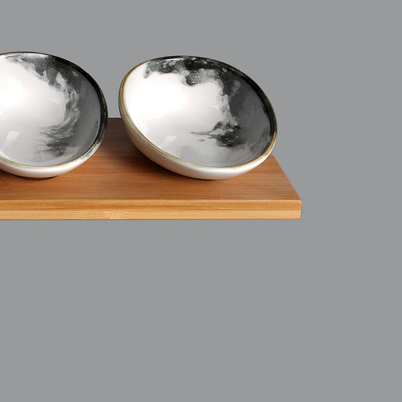 wholesale hotel unique small four porcelain snack dishes with bamboo tray