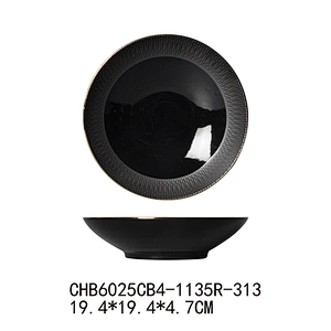 Good Quality Black Round Salad Bowl Gold Rim Ceramic Soup Bowl, Direct Factory Serving Bowl For Restaurant