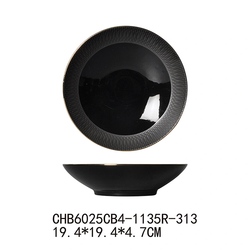 Good Quality Black Round Salad Bowl Gold Rim Ceramic Soup Bowl, Direct Factory Serving Bowl For Restaurant