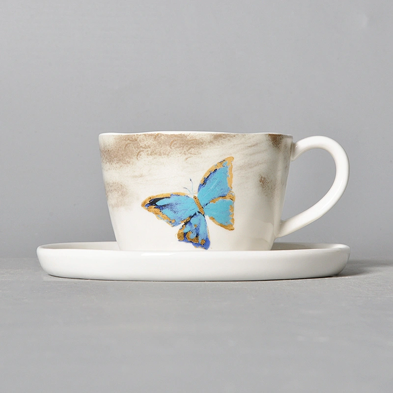 freeform white hotel catering restaurant butterfly pattern espresso coffee tea cup with saucer