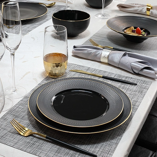 P&T Royal Wholesale Matt Black Horeca Porcelain Gold Rim Embossing Ceramic Dinner Plate Crockery Restaurant Dinnerware