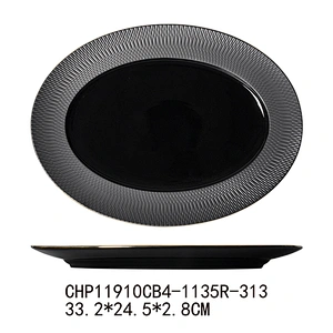 P&T Porcelain Black  Gold Rim Fish Plate Ceramic Serving Plate, Direct Factory Serving Oval Plate For Restaurant