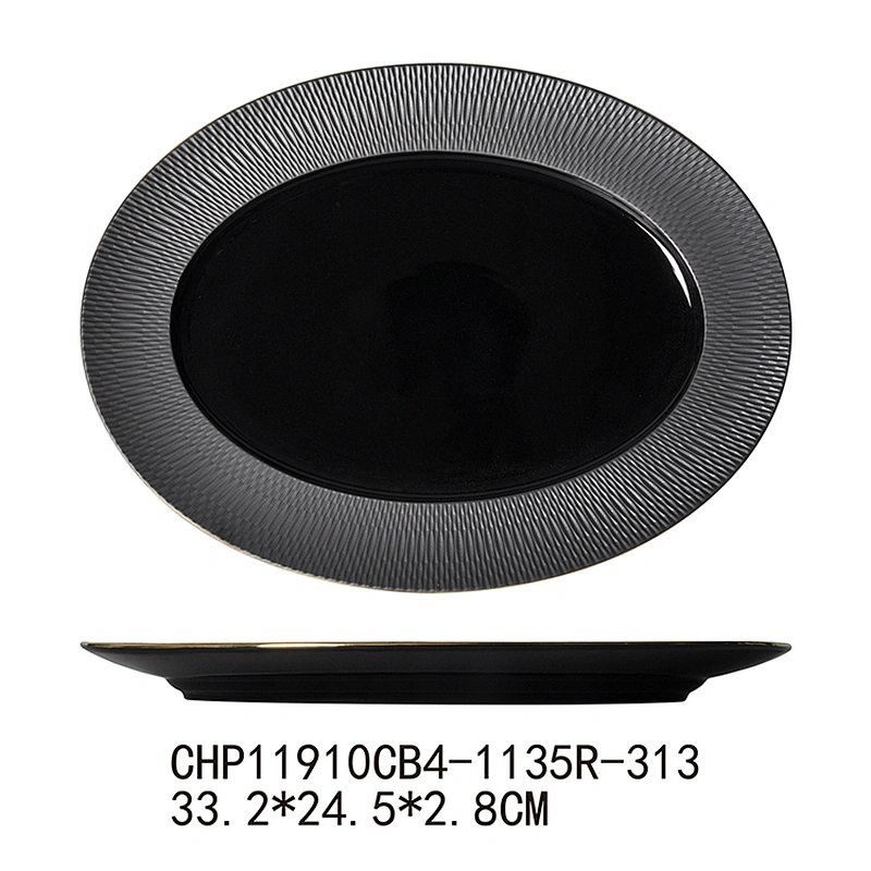 P&T Porcelain Black  Gold Rim Fish Plate Ceramic Serving Plate, Direct Factory Serving Oval Plate For Restaurant