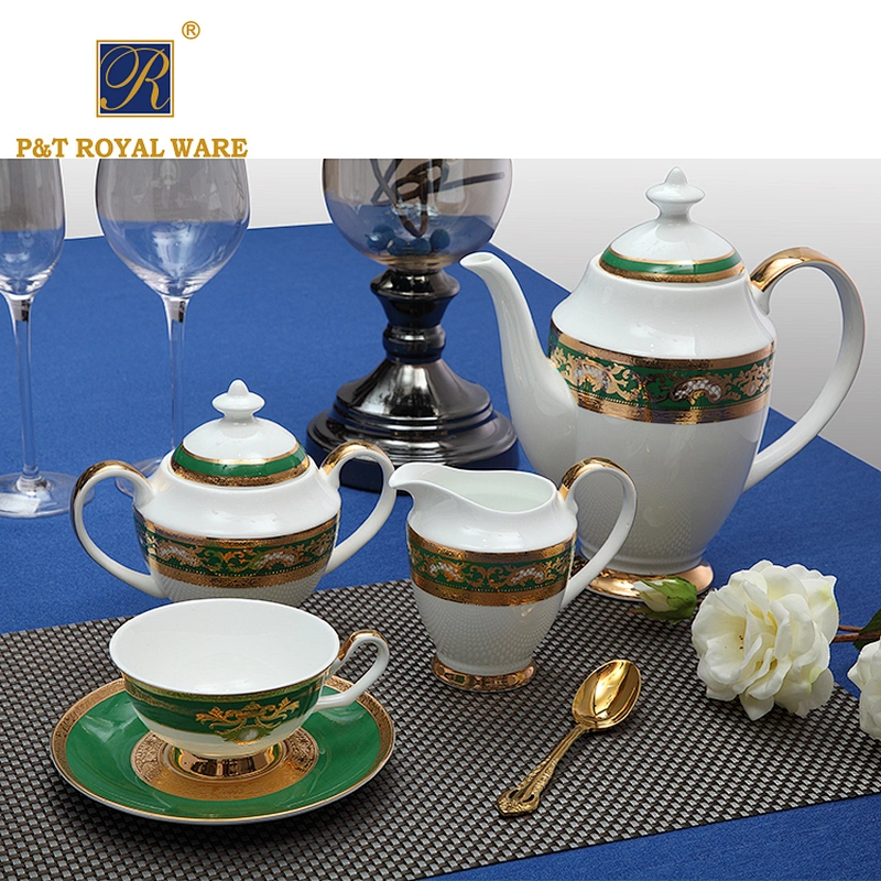 China Supplier Professional Hotel Decal Dinnerware Embossed Gold Green Bone China Dinnerware