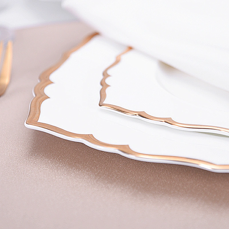 PITO Famous Brand Handmade Restaurant Dinner Plate,Ceramic Bone China Gold Rim Square Dessert Plate