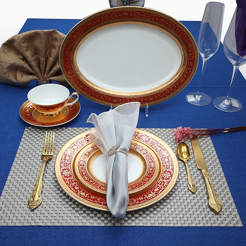 Great quality beautiful tableware oval dish hotel dinnerware Embossed gold red oval nordic ceramic plates porcelain