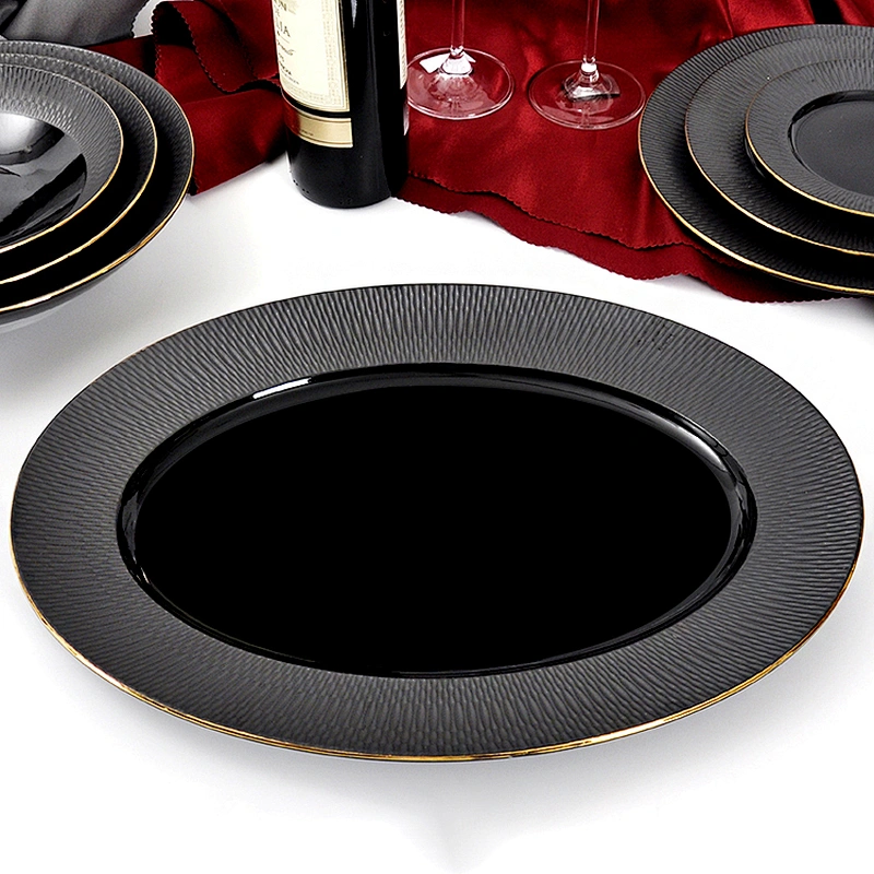 P&T Royal Wholesale Matt Black Horeca Porcelain Gold Rim Embossing Ceramic Dinner Plate Crockery Restaurant Dinnerware