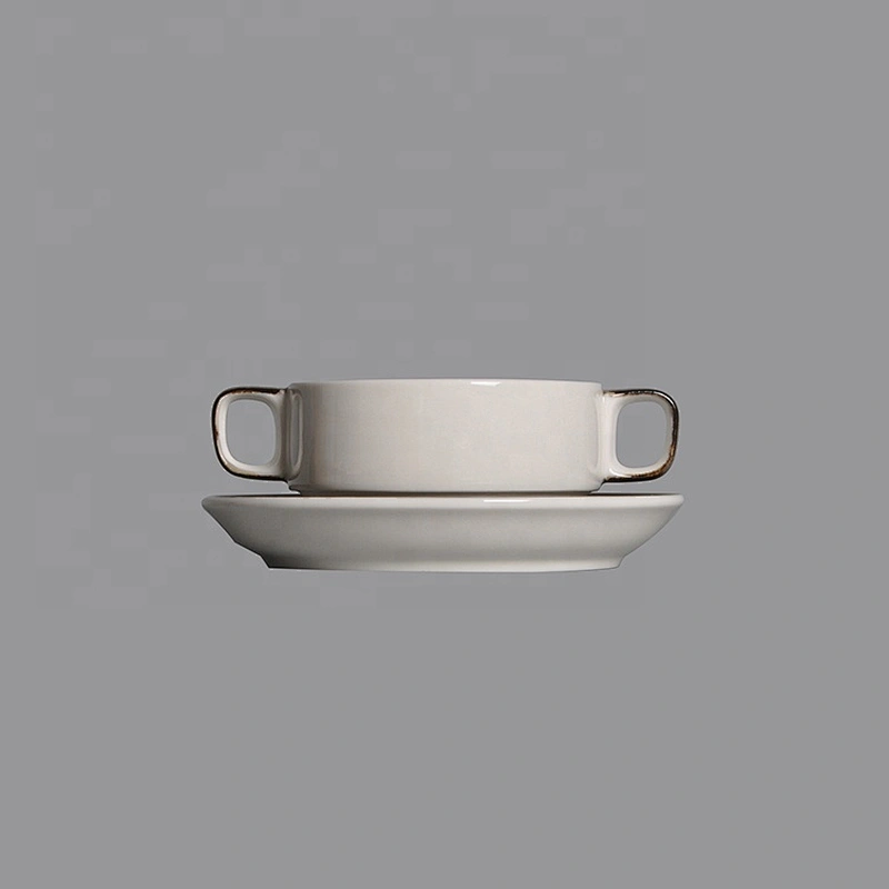 wholesale white soup cup and saucer ceramic porcelain soup cup  with handles