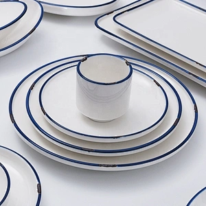 Wholesale Modern Blue Edge White Tableware Hotel Catering Dinnerware Set