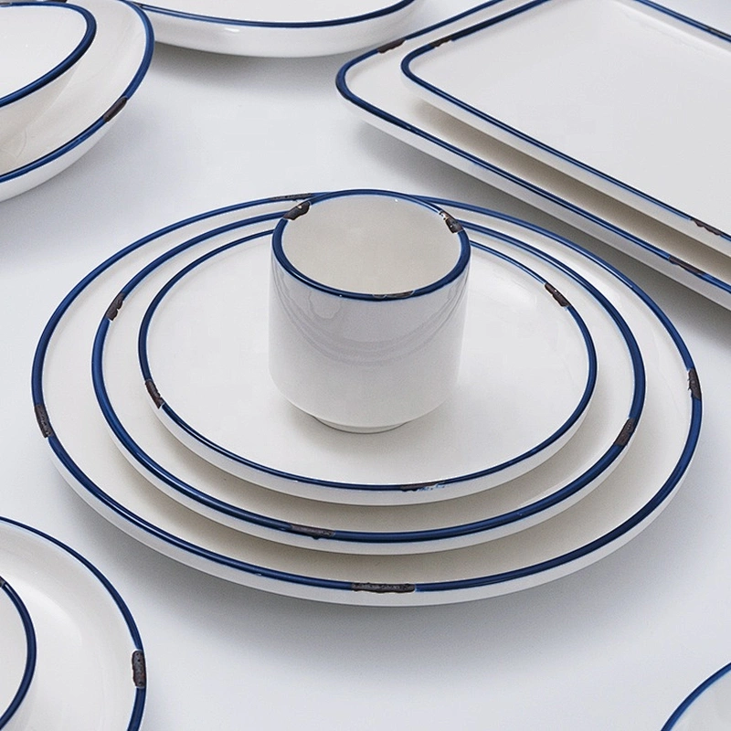 Wholesale Modern Blue Edge White Tableware Hotel Catering Dinnerware Set