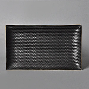 P&T Chaozhou Factory Dishwasher Safe Glaze Ceramic Gold Rim Black Rectangle Plate for Restaurant