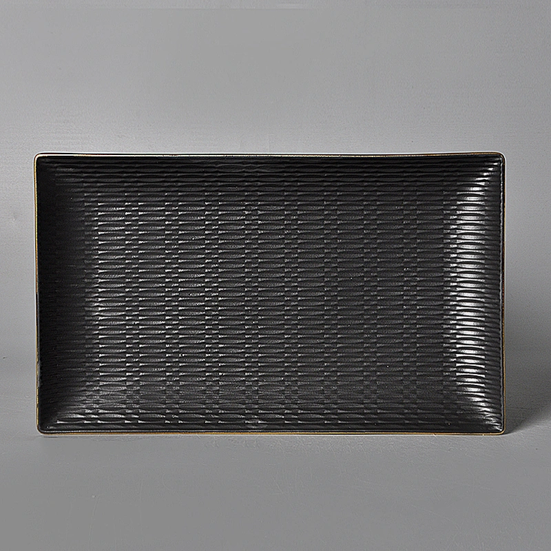 P&T Chaozhou Factory Dishwasher Safe Glaze Ceramic Gold Rim Black Rectangle Plate for Restaurant