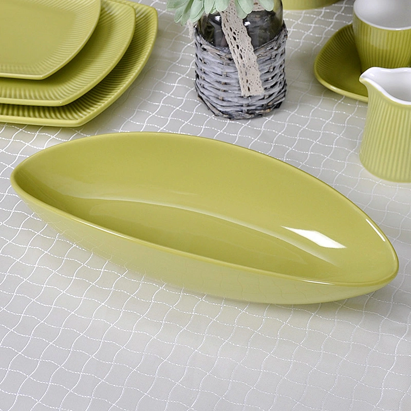 Manufacturer Ceramic Bowl Logo Oval Pasta Plate High Quality Restaurant Green Porcelain Plate