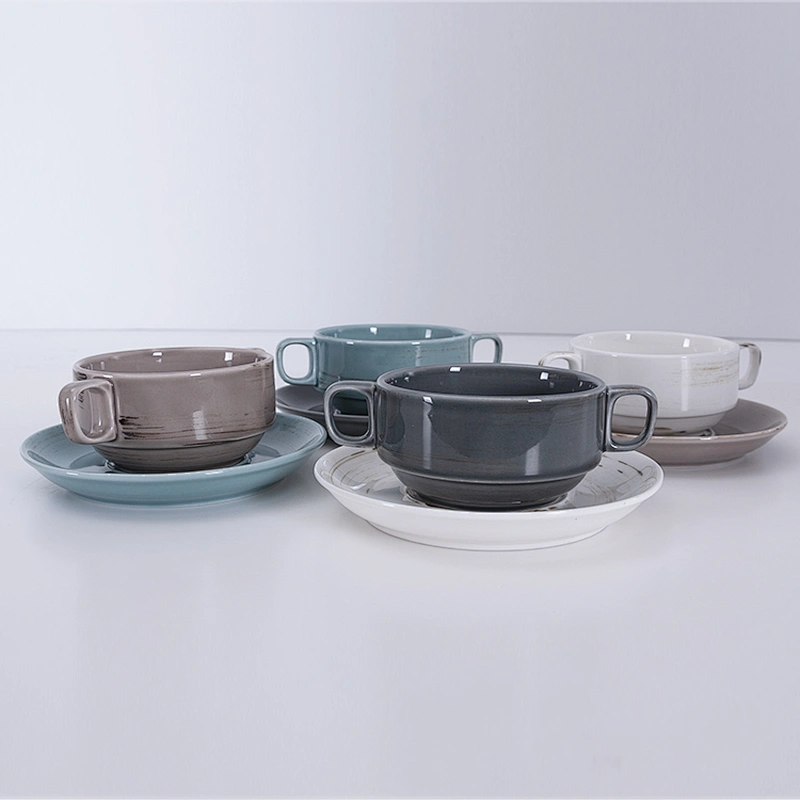 wholesale retro 260ml porcelain star hotel restaurant soup bowl with handle