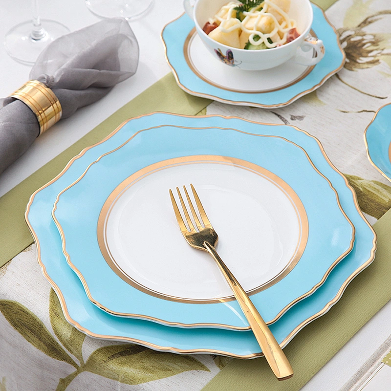 P&T Royal Ware hot sale blue wedding lace gold porcelain plate set charger plate