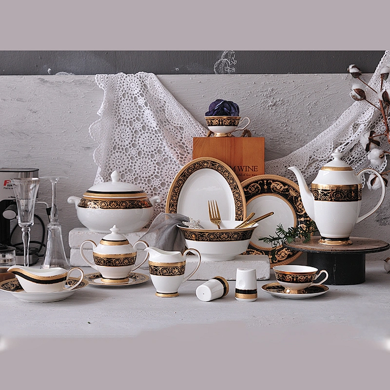 P&T Royal Ware A Grade Dinnerware Hotel Tableware Bone China Decal Plates Embosed Golden Plates Porcelain Hotel Catering Plates