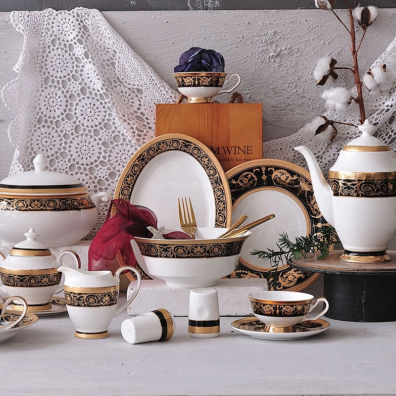 P&T Royal Ware A Grade Dinnerware Hotel Tableware Bone China Decal Plates Embosed Golden Plates Porcelain Hotel Catering Plates