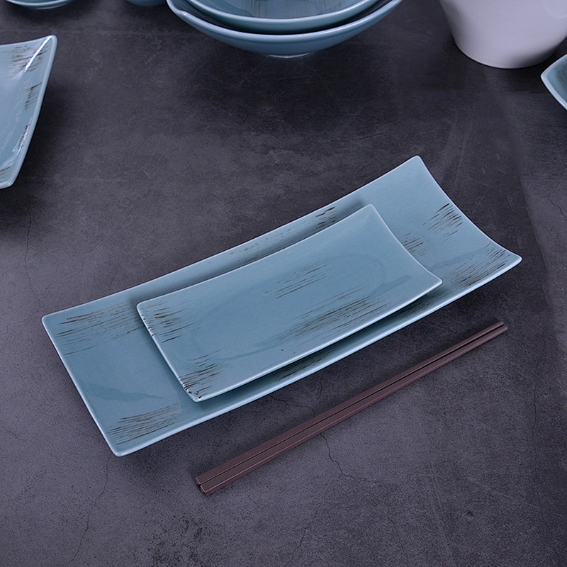 Blue On-glazed Hotel Plates Dishes Dinner Serving Plates Dinnerware Sets Ceramic Rectangular Serving Dishes