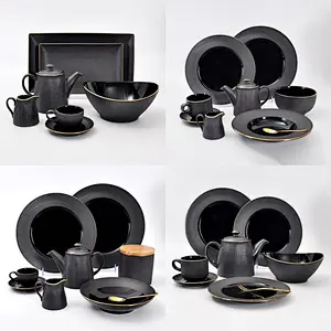 20Years Hotel Supplier Glaze Gold Rim Plate,In Stock Handmade Black Pasta Plate For Restaurant