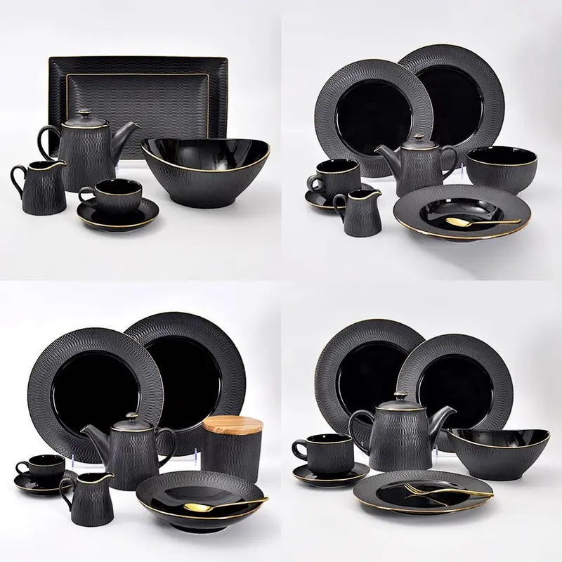 20Years Hotel Supplier Glaze Gold Rim Plate,In Stock Handmade Black Pasta Plate For Restaurant