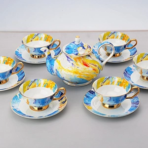 bone china factory hot sale colorful flower with golden rim coffee set tea set color design decal plates
