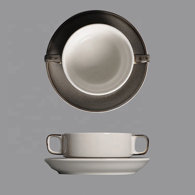 wholesale white soup cup and saucer ceramic porcelain soup cup  with handles