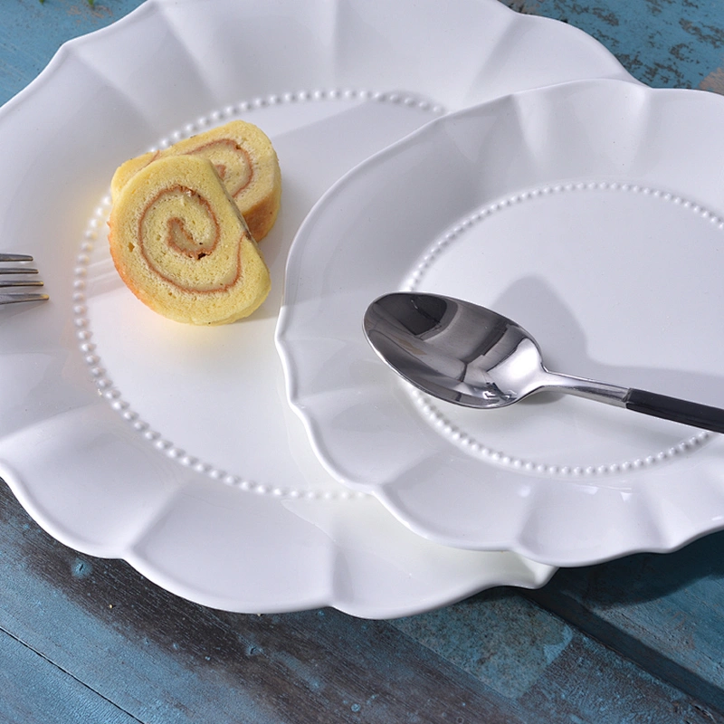 wholesale unique round floral flower edge white bone china ceramic wedding dinner plate for restaurant
