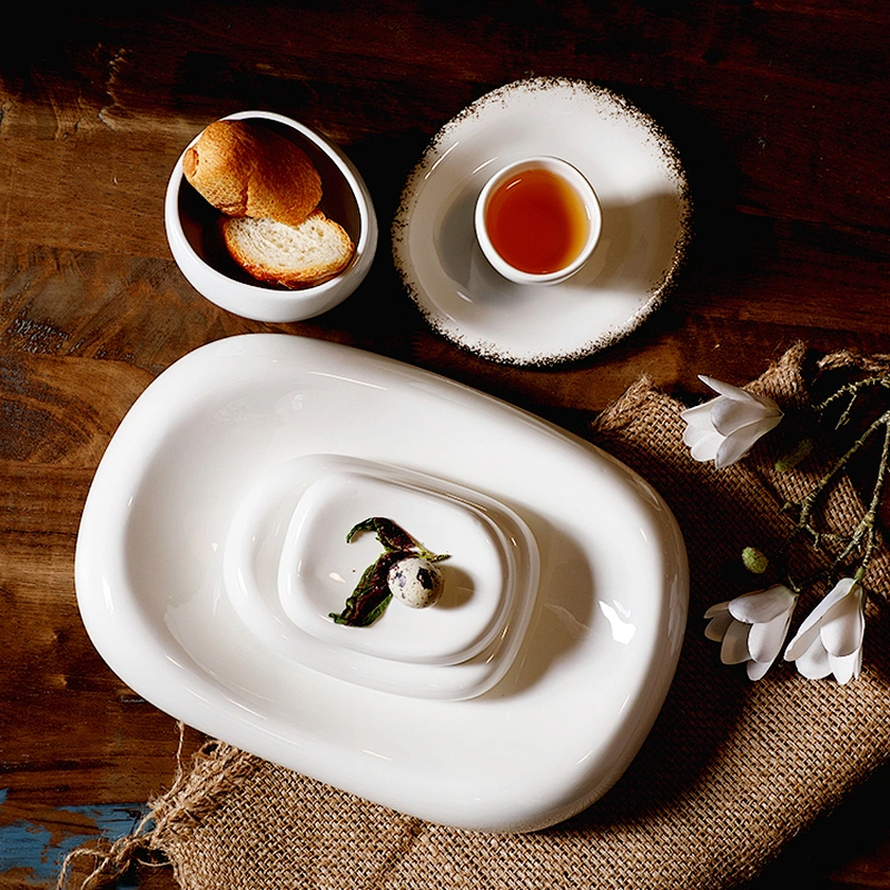 guangzhou modern plain white thick hollow rectangular ceramic plates sets restaurant porcelain plate