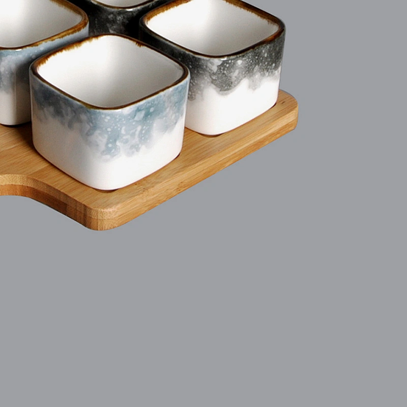 Snack Compartment Condiment Serving Set Ceramic square Dip Sauce Ramekins Appetizer Tapas saucer with Bamboo Handle Tray