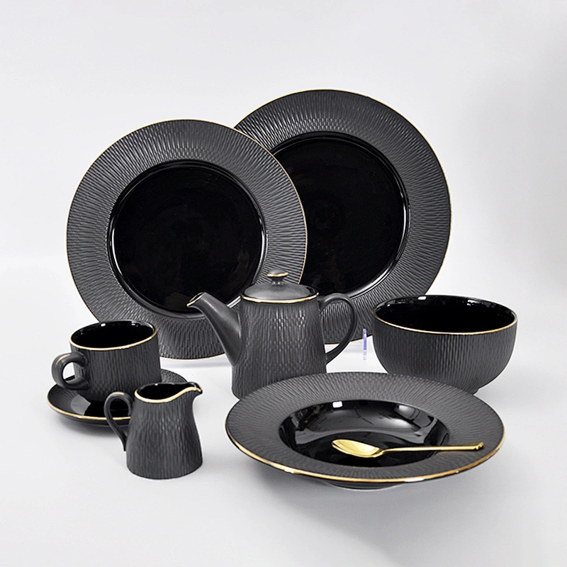 P&T Porcelain Black Round Salad Plate Gold Rim Ceramic Soup Plate, Direct Factory Deep Plate For Restaurant