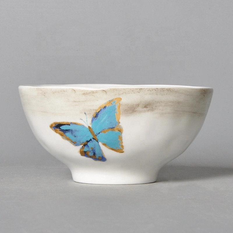 western beautiful hotel catering porcelain white round butterfly pattern soup rice bowl with foot