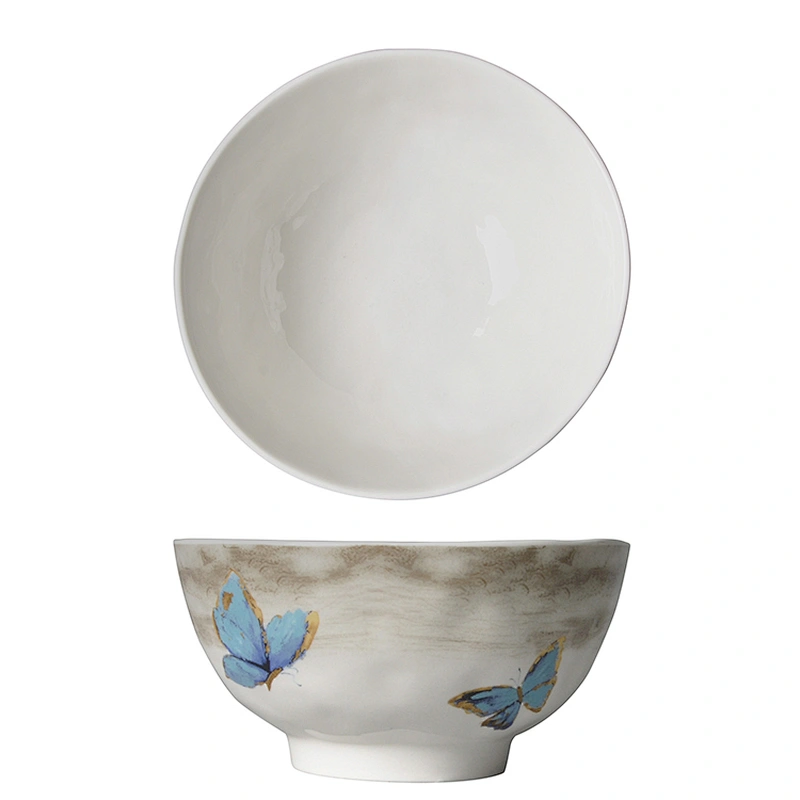 western beautiful hotel catering porcelain white round butterfly pattern soup rice bowl with foot