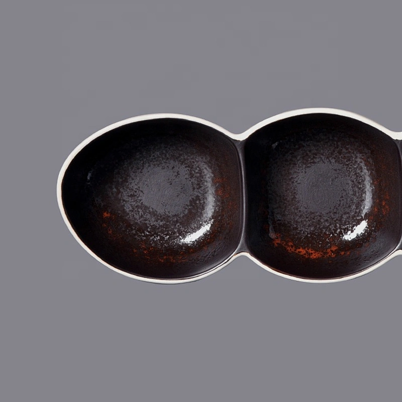 3 compartment ceramic porcelain divided snack tapas serving dish bowl with wood handle