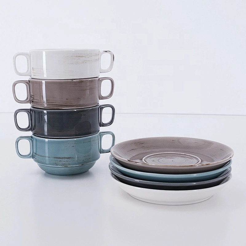 wholesale retro 260ml porcelain star hotel restaurant soup bowl with handle