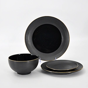 Elegance Collection Black Ceramic Round Bowl Porcelain Rice Bowl Restaurant Hotel Salad Bowl with Gold Rim