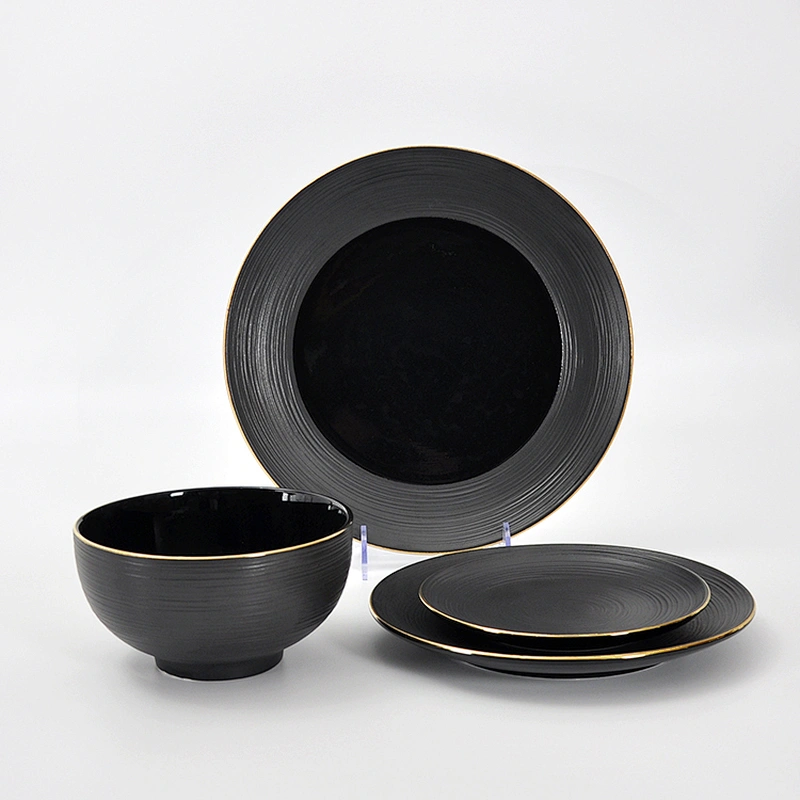 Elegance Collection Black Ceramic Round Bowl Porcelain Rice Bowl Restaurant Hotel Salad Bowl with Gold Rim