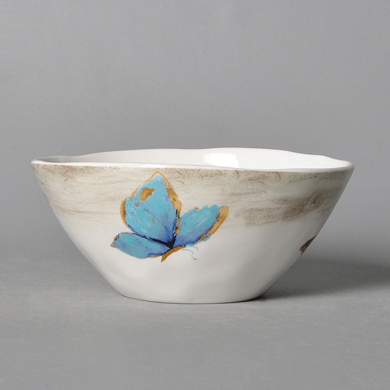 factory elegant white butterfly pattern restaurant ceramic noodle soup salad fruit bowl