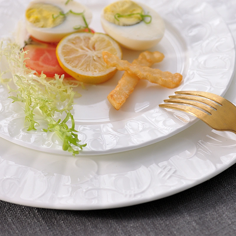 P&T Royal Ware custom chaozhou white round embossed bone china ceramic dinner plates for restaurant