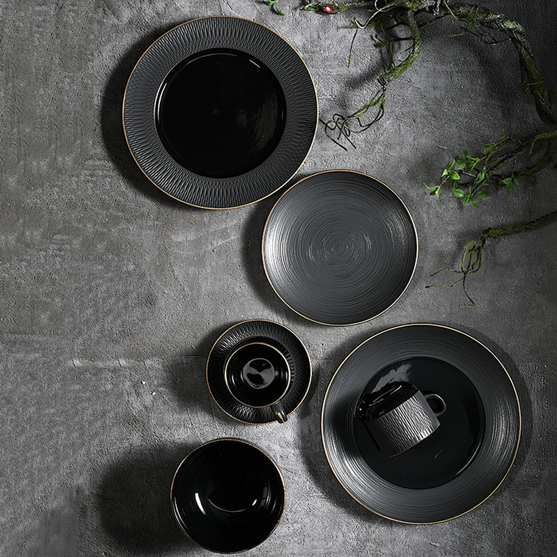 Elegance Collection Black Ceramic Round Bowl Porcelain Rice Bowl Restaurant Hotel Salad Bowl with Gold Rim