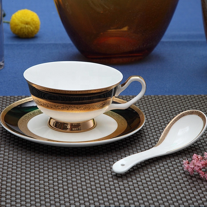 Royal Bone China Teacup And Saucer Embossed Ceramic Coffee Cup Set With 24K Golden Rim