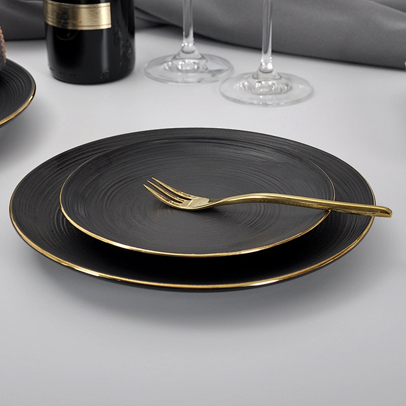 Black Porcelain Banquet Dinner Plate Gold Rim Restaurant Hotel Porcelain Dessert Plate