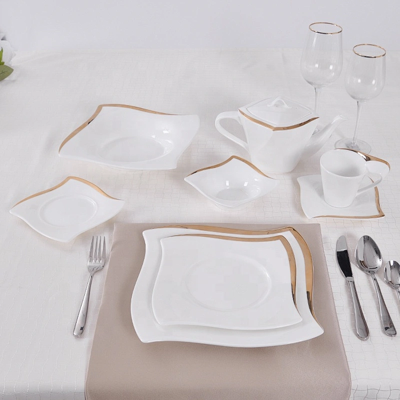 P&T Royal Ware Golden Rim Catering Plates Bone China Hotel Ware Square Dinner Plate For Restaurants
