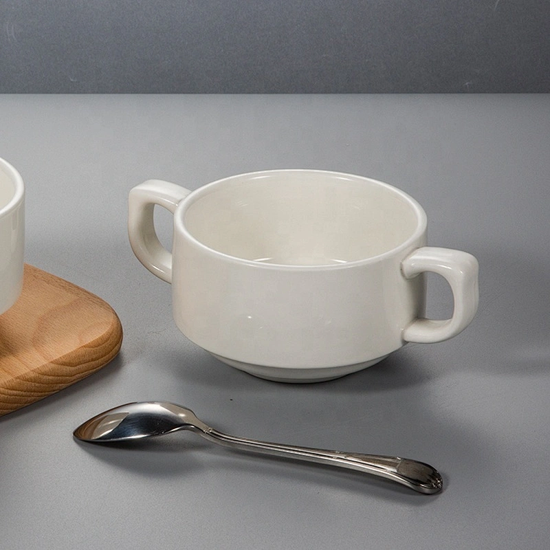 supplier hotel Restaurant Stackable white Double Handle ceramic soup bowl